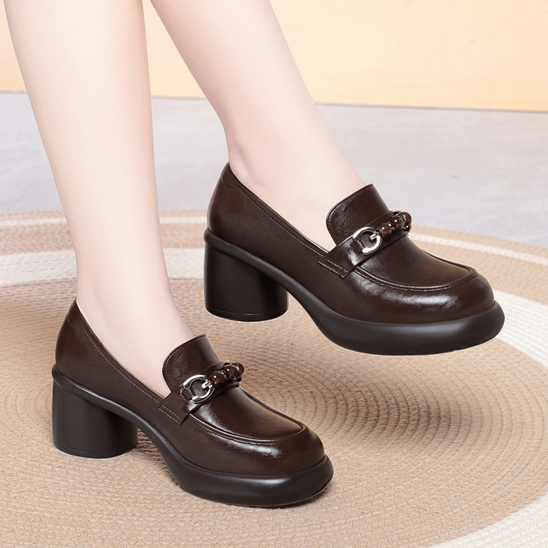 Leather Work Flats Women - Women Chunky Heel Loafers Beaded Metal