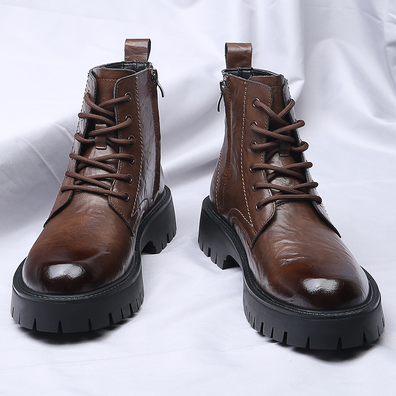 Leather Work Boots - Men Side Zipper High Top Boots