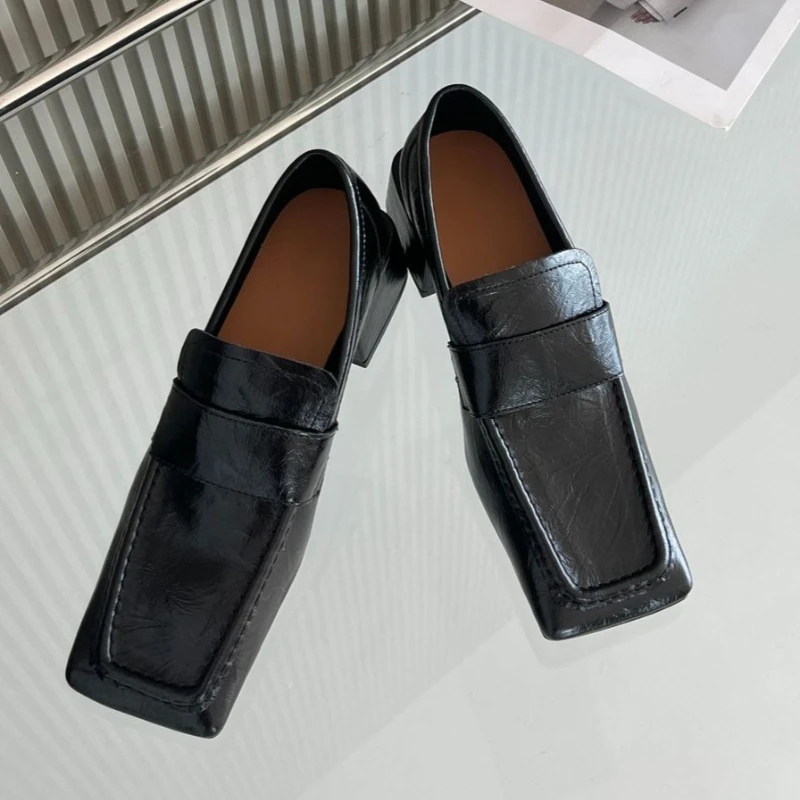 Women Square Toe Chunky Heel D - Leather Work Flats Women recension och pris