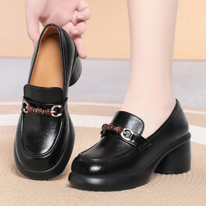 Women Chunky Heel Loafers Bead - Leather Work Flats Women recension och pris