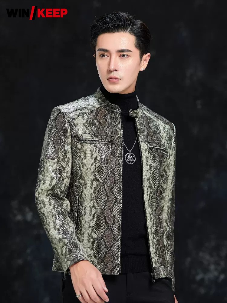 Spring Men Snake Pattern Sheep - Leather Work Jacket Mens recension och pris