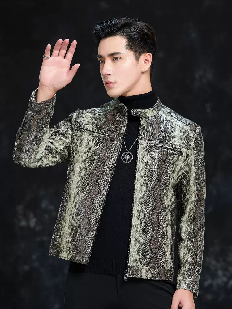Spring Men Snake Pattern Sheep - Leather Work Jacket Mens recension och pris